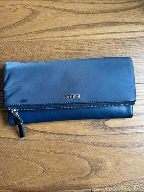 Tumi Navy Fold-Over Zip Clutch Wallet